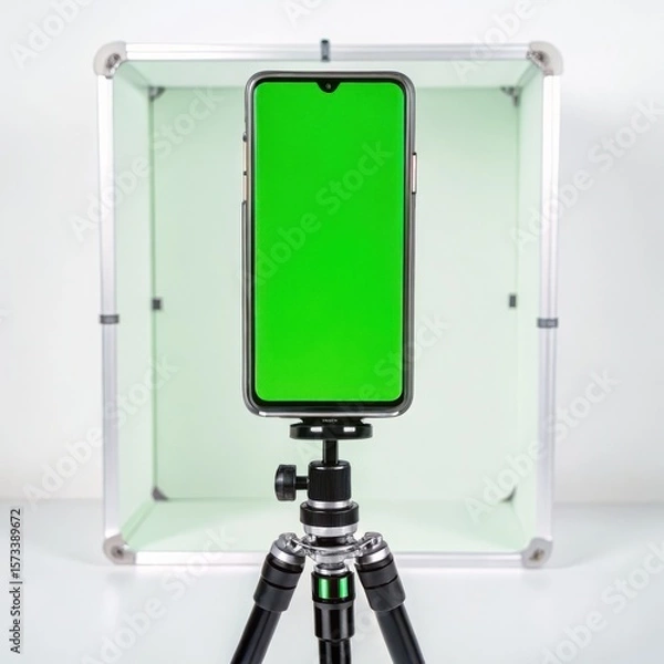 Fototapeta Illustration of a smartphone with a green screen on a tripod in a studio
