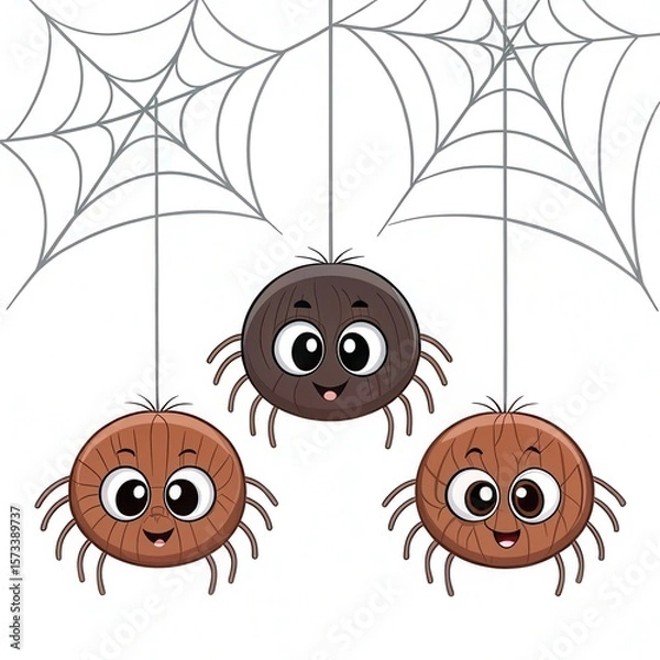 Fototapeta Illustration of three cute cartoon spiders hanging on their webs