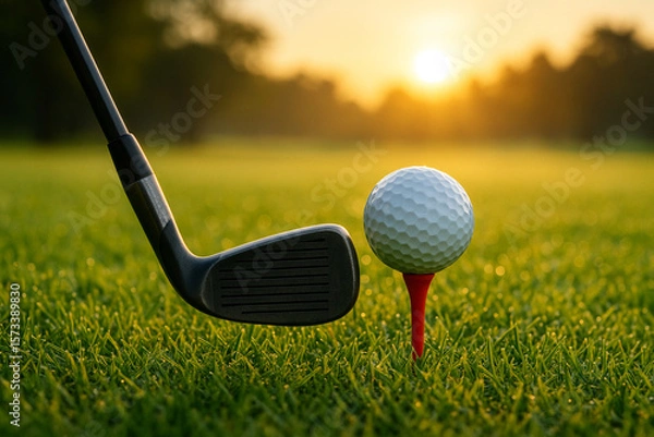 Fototapeta Golf Swing at Sunset: Professional Golf Club and Ball on Tee