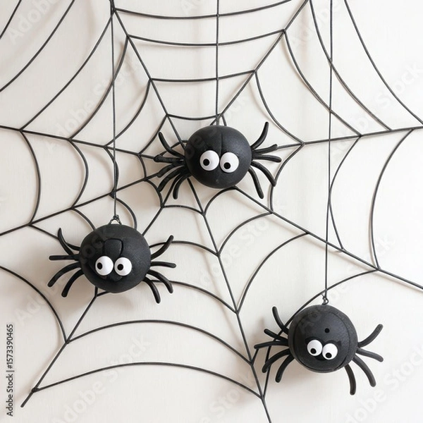Fototapeta Illustration of three cute black spiders hang on a web decoration