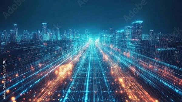 Fototapeta Digital floating highway above city
