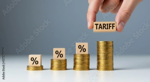 Fototapeta Illustration of a hand places a tariff block on top of increasing stacks of gold coins