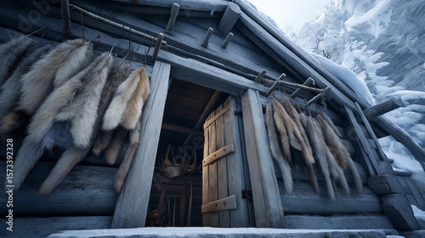 Obraz Snow-covered rustic log cabin with animal pelts hanging, in a remote mountain setting