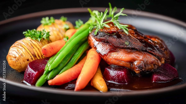 Obraz Plated gourmet duck confit with vegetables, beetroot jus and elegant restaurant presentation