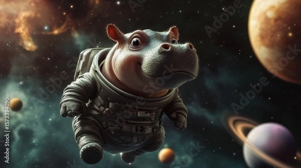 Fototapeta Astronaut hippo exploring space cosmic adventure digital art sci-fi environment whimsical viewpoint