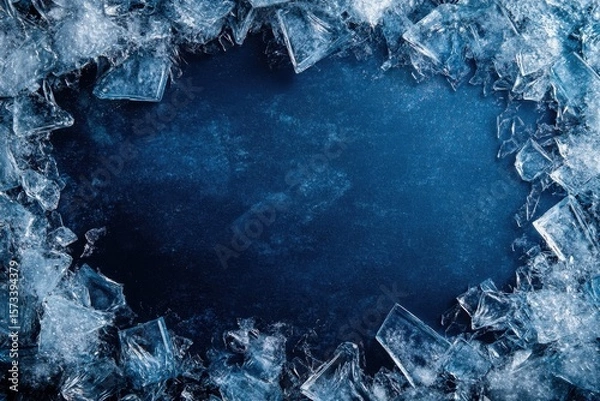 Fototapeta Ice fragments forming a frame around a dark surface studio setup close-up shot cool tones abstract concept