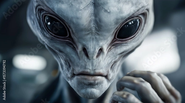 Obraz Hyper-realistic close-up portrait of an alien creature with large black eyes and wrinkled gray skin