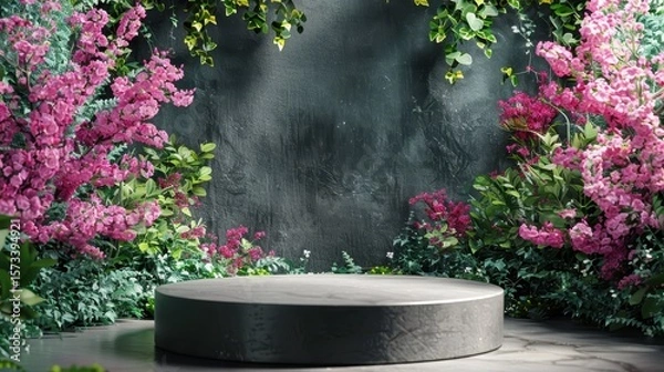Fototapeta Event stage surrounded by pink flowers outdoor garden setting nature background focused view serene atmosphere