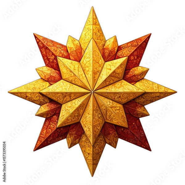 Obraz Intricate geometric star ornament with gold and red hues on white background.