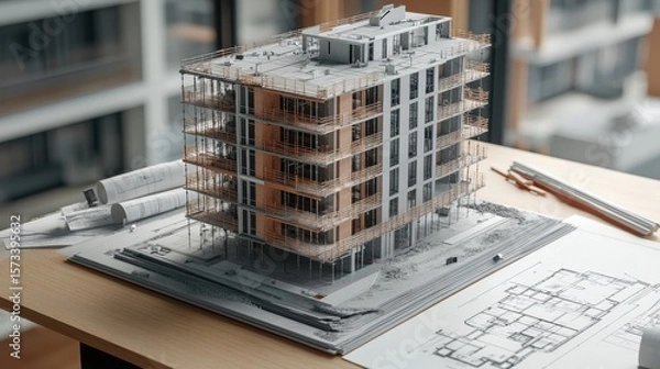 Fototapeta Construction project model office building architectural design urban environment close-up view real estate development
