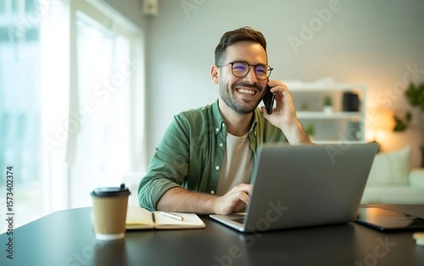 Fototapeta Happy man working remotely from home, talking on phone while using laptop and enjoying coffee.