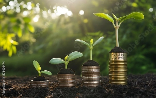 Fototapeta Investing in growth illustrated through seedlings sprouting from stacks of coins in natural sunlight.