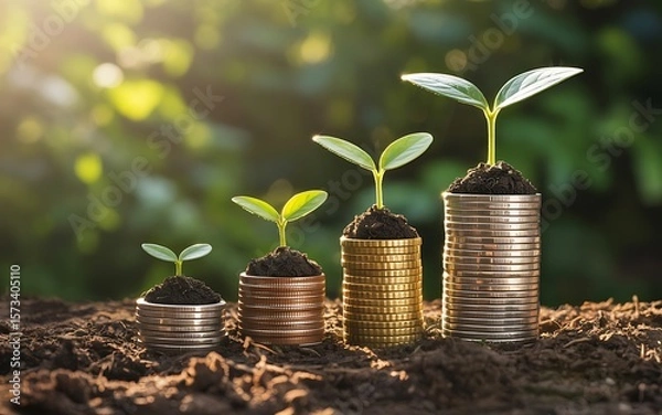 Fototapeta Seedlings emerge from coin stacks, representing financial growth and investment potential, nurtured by sustainable practices.