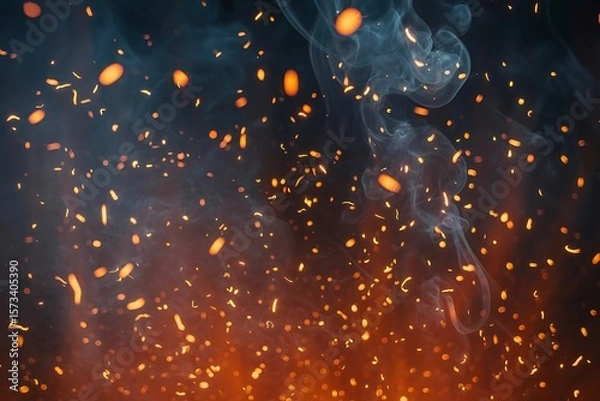 Fototapeta Captivating display of glowing embers rising in smoky air creating a dynamic and energetic background.