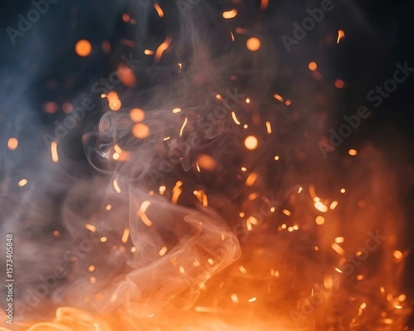 Fototapeta Glowing embers and rising smoke create a warm abstract display of fire and heat, generating a feeling of cozy comfort.