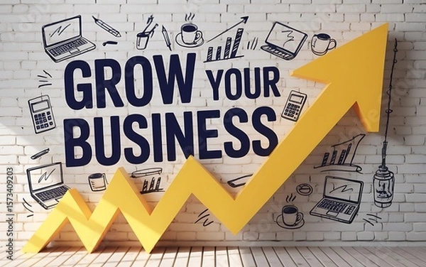 Fototapeta Business growth concept featuring a yellow arrow pointing upwards on a textured brick wall for financial success and opportunity.