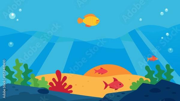 Fototapeta Colorful coral reef with fishes under a vibrant ocean sky illustration during summer