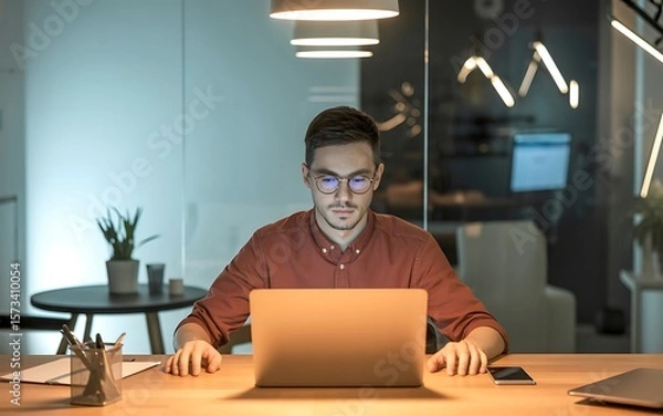 Fototapeta Focused young man working late at his laptop in a modern office, a picture of determination and concentration.