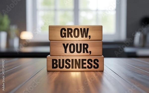 Fototapeta Wooden blocks display message to grow your business on a gleaming wooden surface, symbolizing growth and success