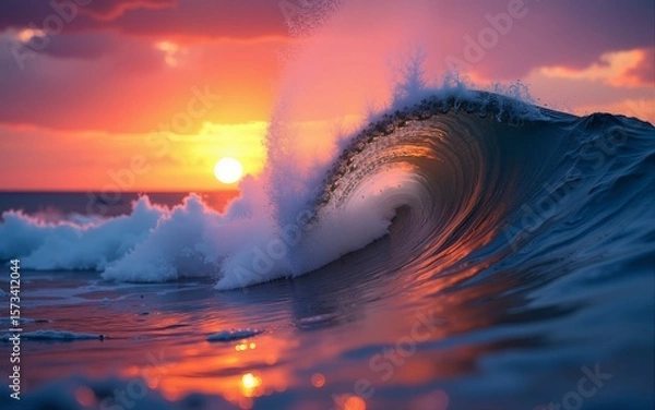 Obraz Vibrant ocean wave at sunset showcasing the beauty of nature with rich colors and dynamic movement reflecting tranquility and power. High quality
