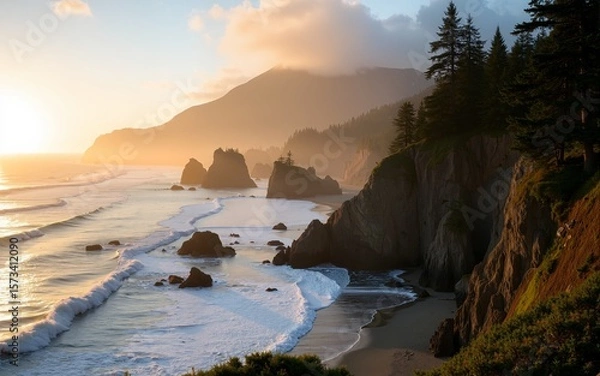 Obraz Stunning view of Pacific Rim, rugged west coast of Vancouver Island near Ucluelet during an evening golden light with its cliffs with trees. British Columbia, Canada. High quality
