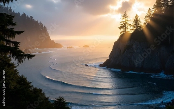Obraz Stunning view of Pacific Rim, rugged west coast of Vancouver Island near Ucluelet during an evening golden light with its cliffs with trees. British Columbia, Canada. High quality