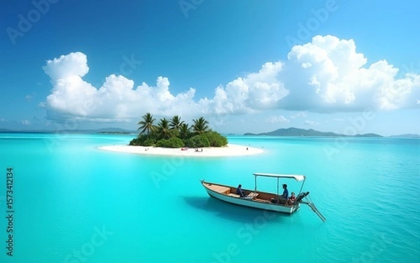 Obraz Boat in turquoise ocean water against blue sky with white clouds and tropical island. Natural landscape for summer vacation, panoramic view. High quality