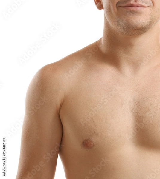 Obraz Man standing on white background, closeup view