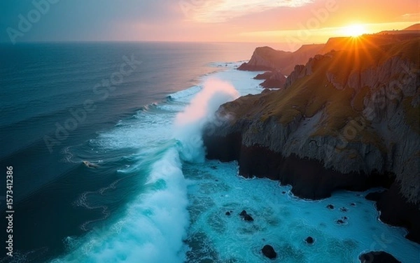 Obraz Spectacular drone photo, top view of seascape ocean wave crashing rocky cliff with sunset at the horizon as background. Beautiful coastal scenic landscape with turquoise water beating rocky boulder.
