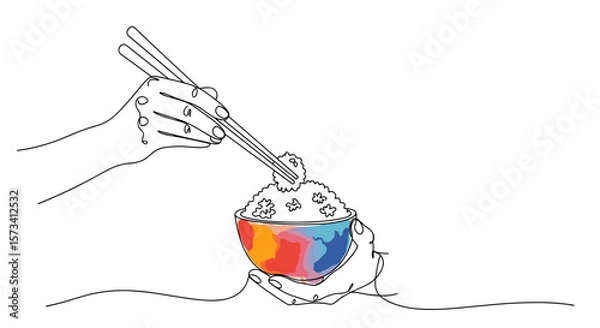 Obraz Minimalist one-line doodle of eating rice with chopsticks with watercolor texture, vector illustration on white background

