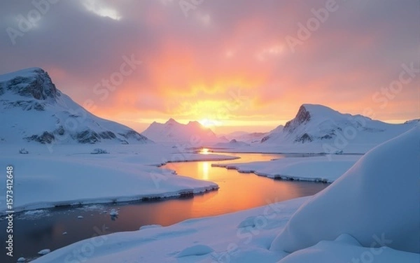 Obraz An arctic landscape depicts snow and water at sunset with the sun. High quality