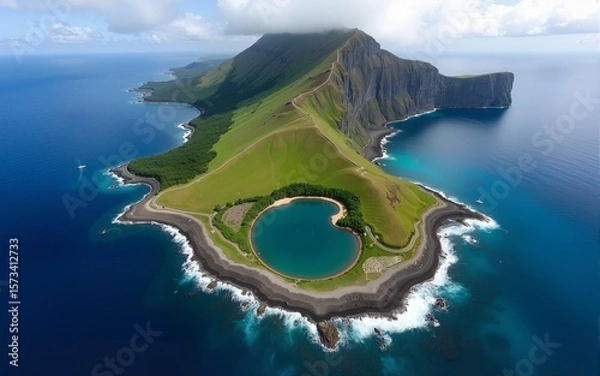 Obraz Aerial view of Ilheu de Vila Franca, a volcanic island near the Azores with a natural pool, ideal for swimming, snorkeling, and eco-tourism in a pristine coastal setting. High quality