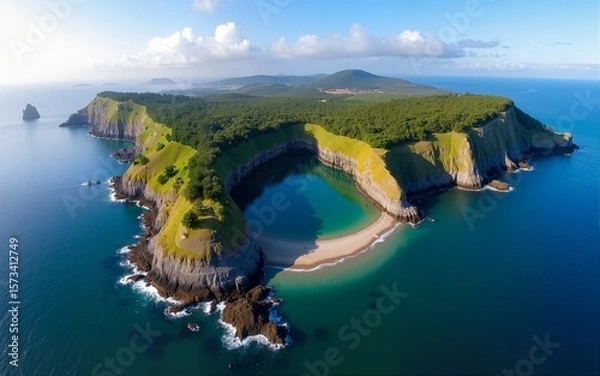 Obraz Aerial view of Ilheu de Vila Franca, a volcanic island near the Azores with a natural pool, ideal for swimming, snorkeling, and eco-tourism in a pristine coastal setting. High quality