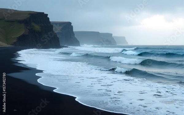 Obraz Atlantic ocean waves on the shoreline near the Vattarnes Sea cliffs in East Iceland during daytime. High quality