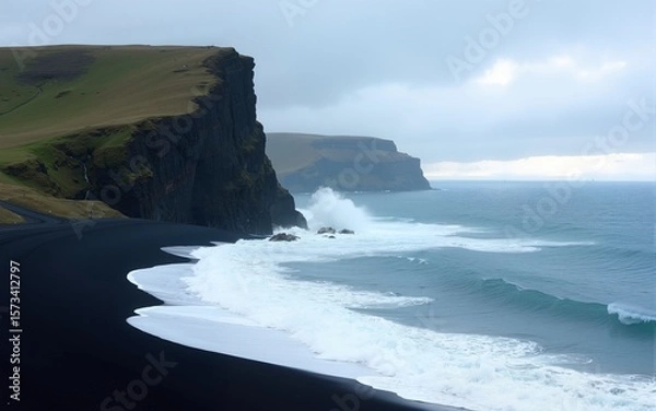 Obraz Atlantic ocean waves on the shoreline near the Vattarnes Sea cliffs in East Iceland during daytime. High quality