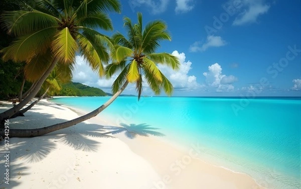 Obraz Caribbean beach paradise with palm trees over crystal clear turquoise water. Sandy tropical shore, natural summer landscape. Beach vacation scenic view for travel and tourism. High quality