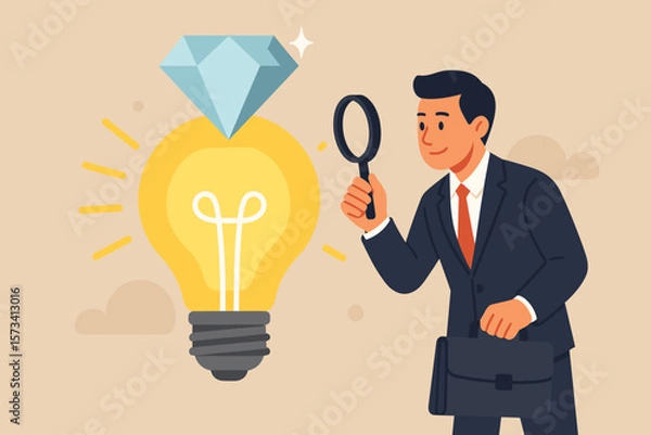 Fototapeta Business value discovery concept. Businessman with magnifier finds a priceless idea. Quality measurement, opportunity search for a brilliant and valuable innovation metaphor.