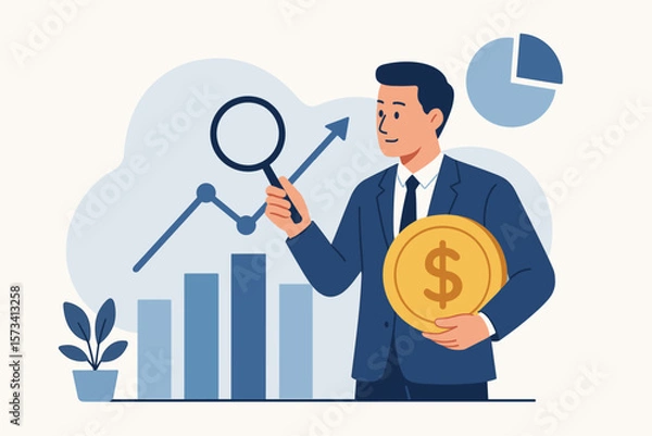 Fototapeta Businessman Analyzing Financial Market Growth, Investment Earnings, Money Management, Economic Progress, Stock Exchange Report, Holding Gold Coin, Data Chart Concept
