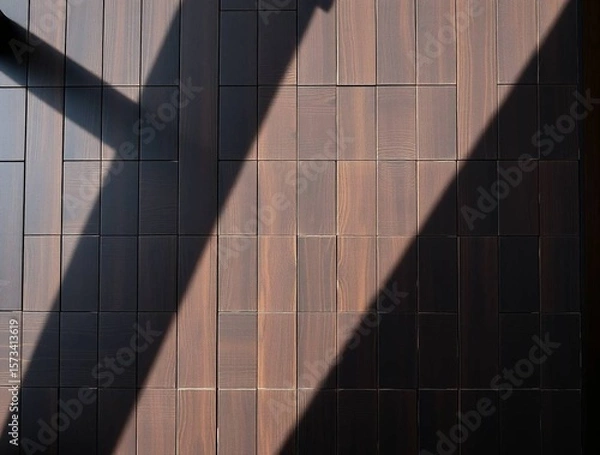 Fototapeta Dark Wood Plank Texture: Sunlit Diagonal Shadow Patterns on Rich Brown Surface