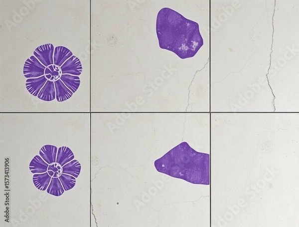Fototapeta Purple Floral & Abstract Shapes on Textured Tiles: A Unique Design