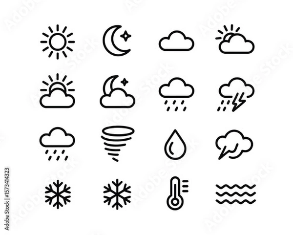 Obraz Nature’s Mood Icon Pack – Stylish Black Line Weather Symbols on White