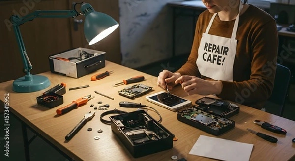 Fototapeta Repair Cafe worker fixing a smartphone, showcasing community-based electronics repair, recycling, sustainability, and tech support at a workshop, highlighting the importance of fixing over replacing.