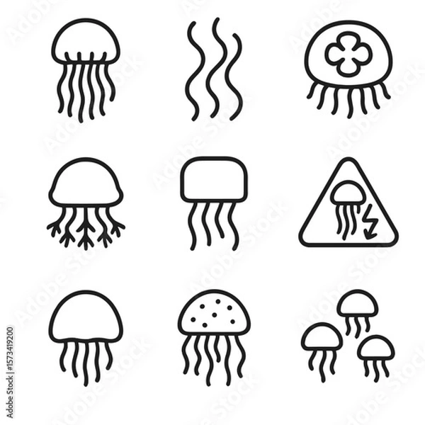 Fototapeta Jellyfish Outline Icons. Outline style icons of Jellyfish and Soft-bodied Creatures: drifting jellyfish, tentacle motion, moon