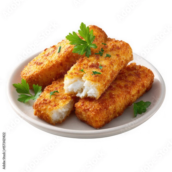 Fototapeta Crispy golden fish fingers with fresh parsley isolated on transparent background