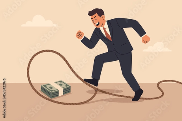 Fototapeta Money trap to trick greedy people. Financial investment problem or business risk concept. Businessman lured by money bait stepping into a rope snare. Metaphor for fraud.