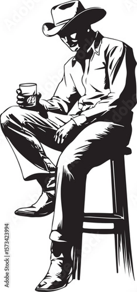 Obraz Cowboy Sitting on a Barstool Silhouette Vector Illustration on Transparent Background