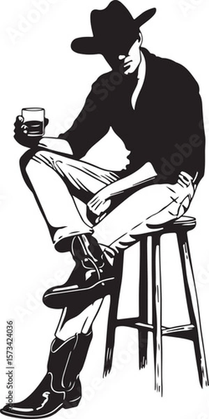 Obraz Cowboy Sitting on a Barstool Silhouette Vector Illustration on Transparent Background