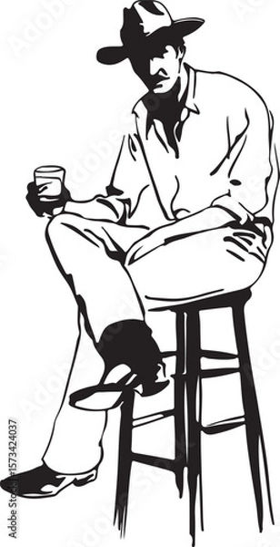 Obraz Cowboy Sitting on a Barstool Silhouette Vector Illustration on Transparent Background