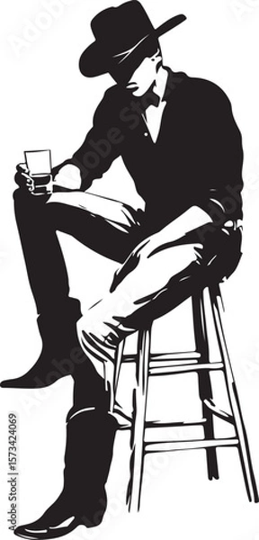 Obraz Cowboy Sitting on a Barstool Silhouette Vector Illustration on Transparent Background