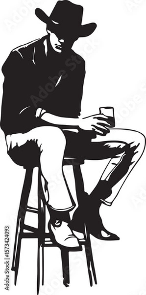 Obraz Cowboy Sitting on a Barstool Silhouette Vector Illustration on Transparent Background